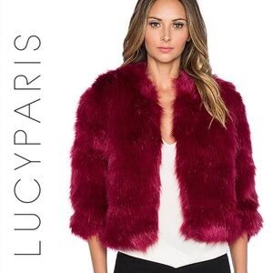LUCY PARIS BORDEAUX FAUX FUR CROPPED JACKET IN WINE - LUXE STATEMENT LAYER